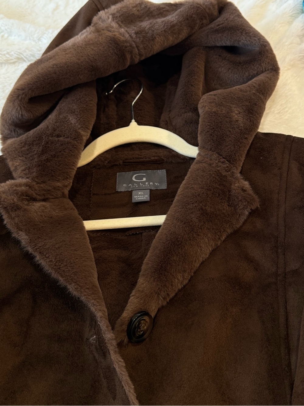 Gallery Faux Suede Faux Shearling Hooded Long Coat Brown XL NWT - Picture 6 of 13